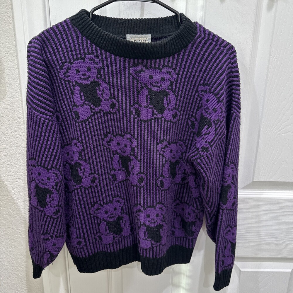 Vintage 1980s Adele Knitwear Teddy Bear Sweater Purple Black USA Women’s No Size